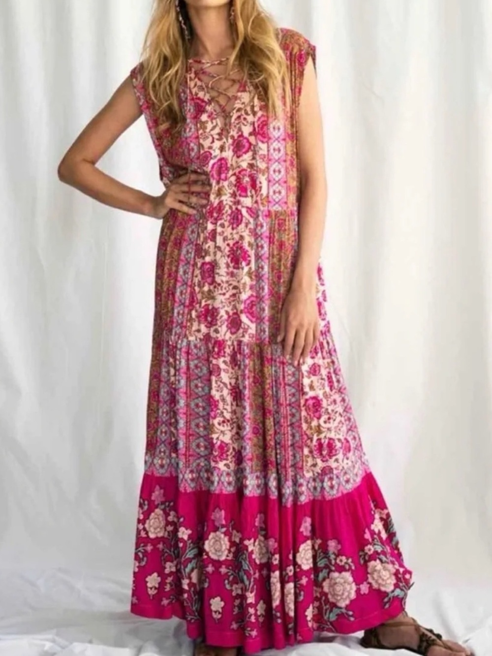 Free People Magenta Floral Lace-Up Maxi Dress